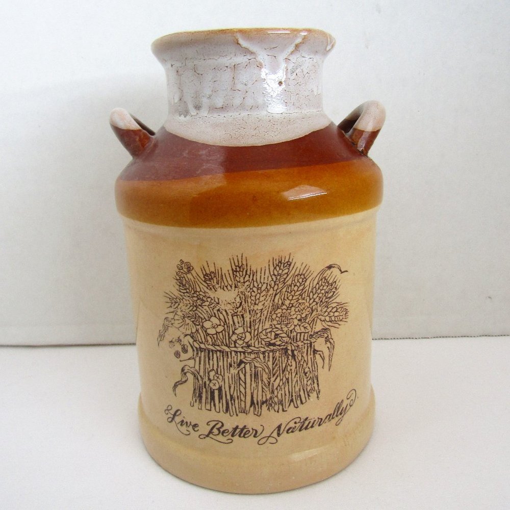 Vintage Enesco Stoneware Milk Jug 'Live Better Naturally', 7-3/8" x 4-7/8" Inch